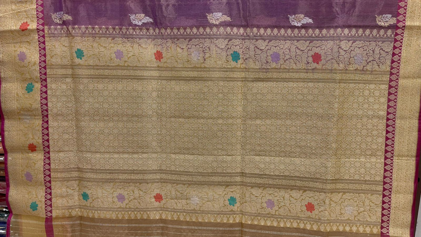 Faishana Pure Handloom Purple Kora Tissue Silk Sona Rupa Booti Zari with Contrast Yellow Kadhwa Mina Zari Border and Pallu with Contrast Yellow Blouse