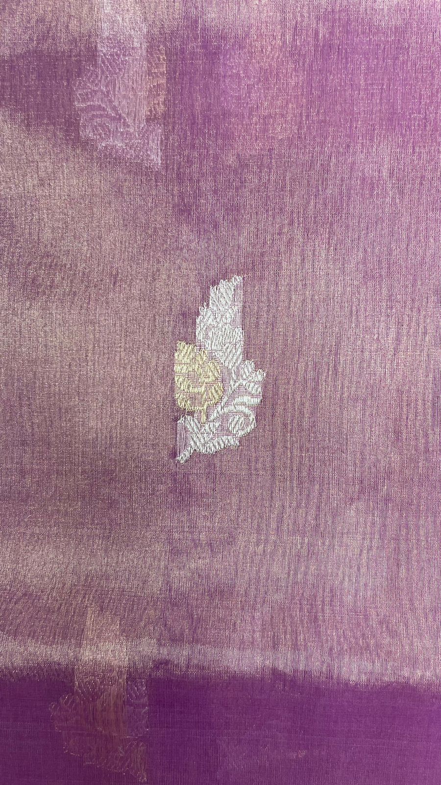 Faishana Pure Handloom Purple Kora Tissue Silk Sona Rupa Booti Zari with Contrast Yellow Kadhwa Mina Zari Border and Pallu with Contrast Yellow Blouse