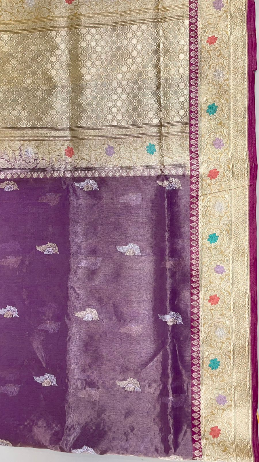 Faishana Pure Handloom Purple Kora Tissue Silk Sona Rupa Booti Zari with Contrast Yellow Kadhwa Mina Zari Border and Pallu with Contrast Yellow Blouse