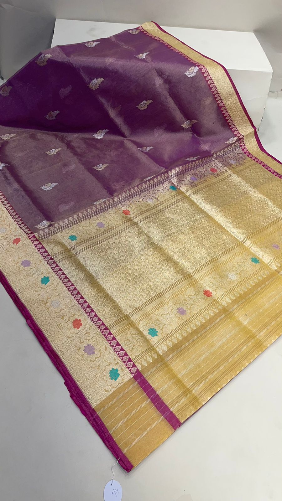 Faishana Pure Handloom Purple Kora Tissue Silk Sona Rupa Booti Zari with Contrast Yellow Kadhwa Mina Zari Border and Pallu with Contrast Yellow Blouse