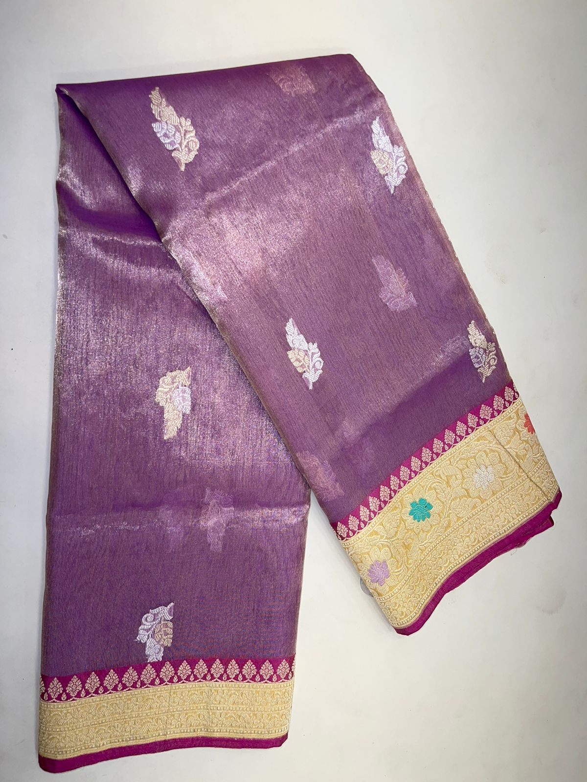 Faishana Pure Handloom Purple Kora Tissue Silk Sona Rupa Booti Zari with Contrast Yellow Kadhwa Mina Zari Border and Pallu with Contrast Yellow Blouse