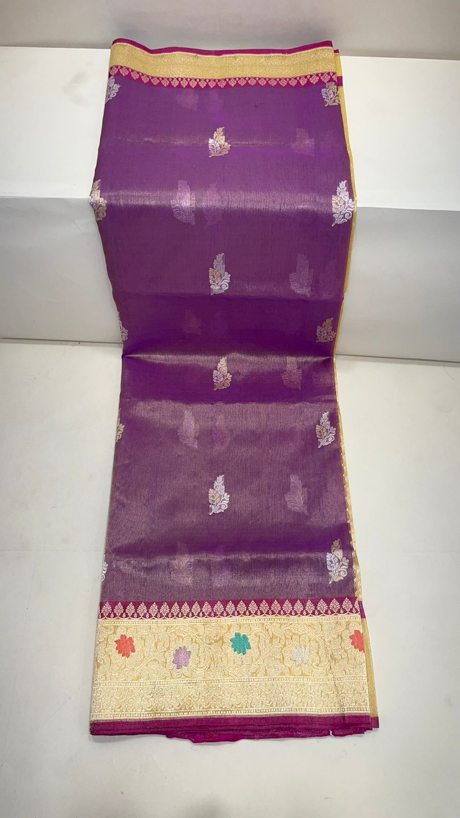 Faishana Pure Handloom Purple Kora Tissue Silk Sona Rupa Booti Zari with Contrast Yellow Kadhwa Mina Zari Border and Pallu with Contrast Yellow Blouse