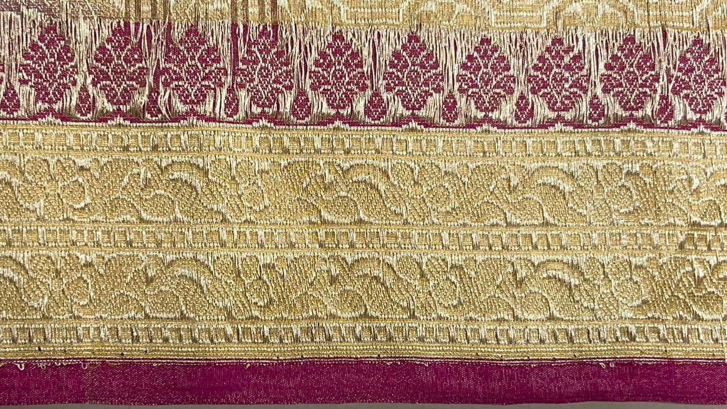 Faishana Pure Handloom Purple Kora Tissue Silk Sona Rupa Booti Zari with Contrast Yellow Kadhwa Mina Zari Border and Pallu with Contrast Yellow Blouse