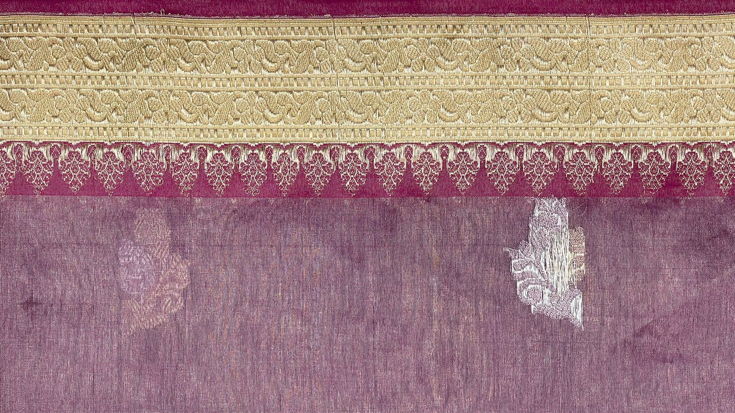 Faishana Pure Handloom Purple Kora Tissue Silk Sona Rupa Booti Zari with Contrast Yellow Kadhwa Mina Zari Border and Pallu with Contrast Yellow Blouse