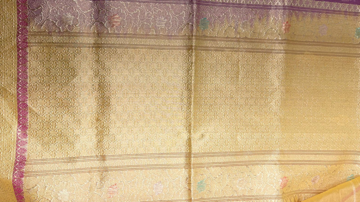 Faishana Pure Handloom Purple Kora Tissue Silk Sona Rupa Booti Zari with Contrast Yellow Kadhwa Mina Zari Border and Pallu with Contrast Yellow Blouse