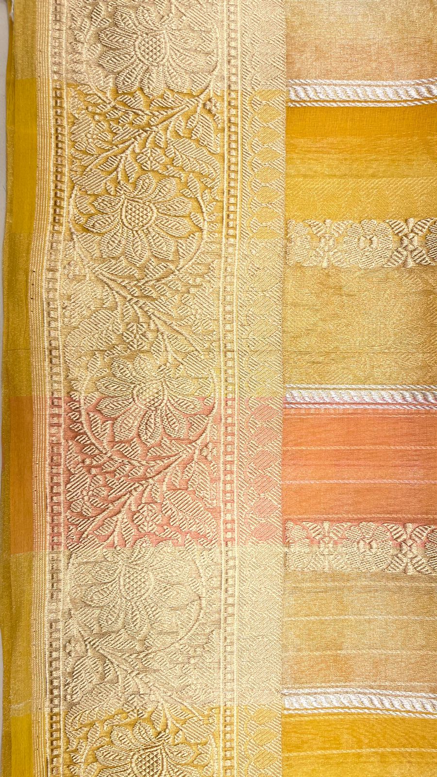 Faishana Pure Handloom Mustard Rang kaat Kora Tissue Silk Sona Rupa Kadhwa Zari Stripe with Kadhwa Sona Rupa Zari Boota and Mustard Blouse