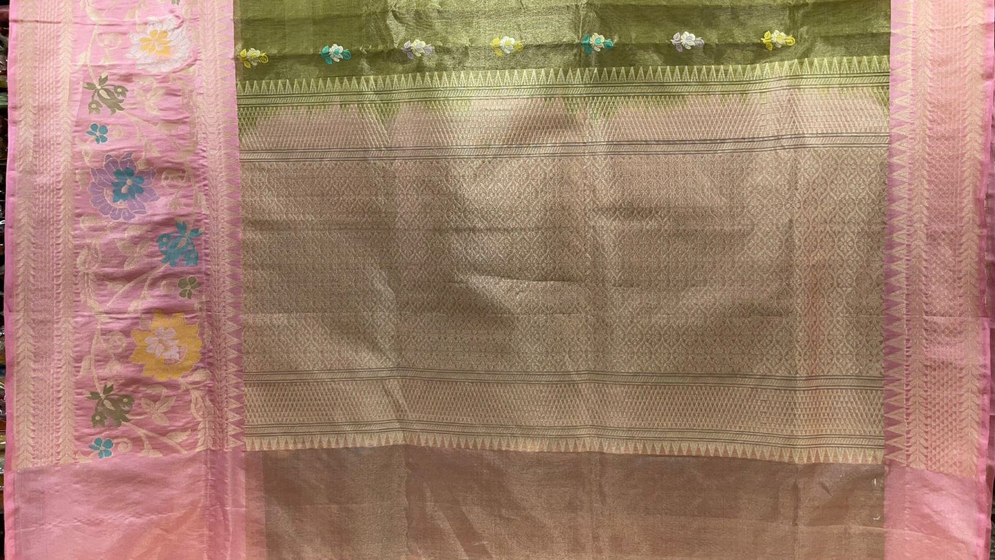 Faishana Pure Handloom Olive Green Kora Tissue Silk Sona Rupa Zari Booti Skirt Tilfi Zari Jaal Mina Contrast Pink Border with Contrast Pink Blouse Banarasi Saree