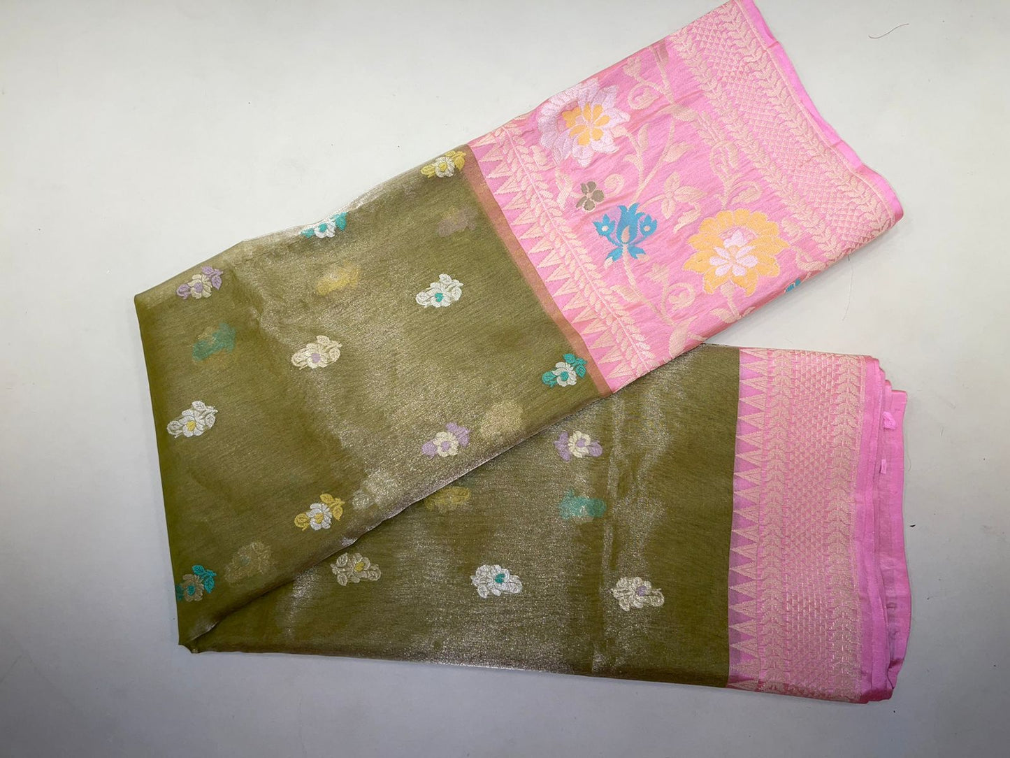 Faishana Pure Handloom Olive Green Kora Tissue Silk Sona Rupa Zari Booti Skirt Tilfi Zari Jaal Mina Contrast Pink Border with Contrast Pink Blouse Banarasi Saree