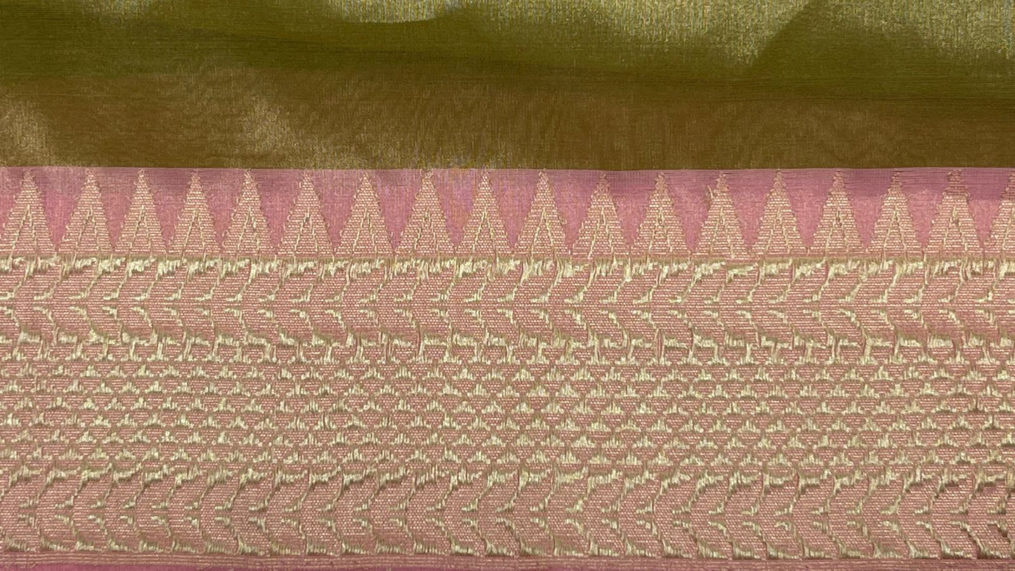 Faishana Pure Handloom Olive Green Kora Tissue Silk Sona Rupa Zari Booti Skirt Tilfi Zari Jaal Mina Contrast Pink Border with Contrast Pink Blouse Banarasi Saree