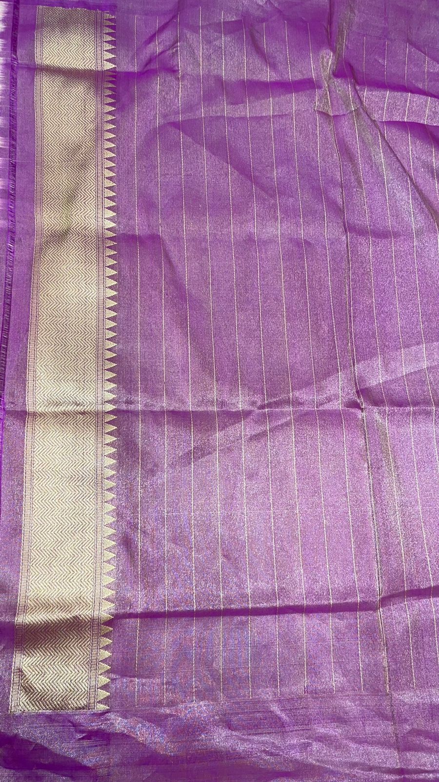 Faishana Pure Handloom Katan Tissue Seagreen Tilfi Kadhwa Mina Zari Booti Boota and Contrast Kadhwa Purple Zari Border Saree with Contrasting Purple Blouse