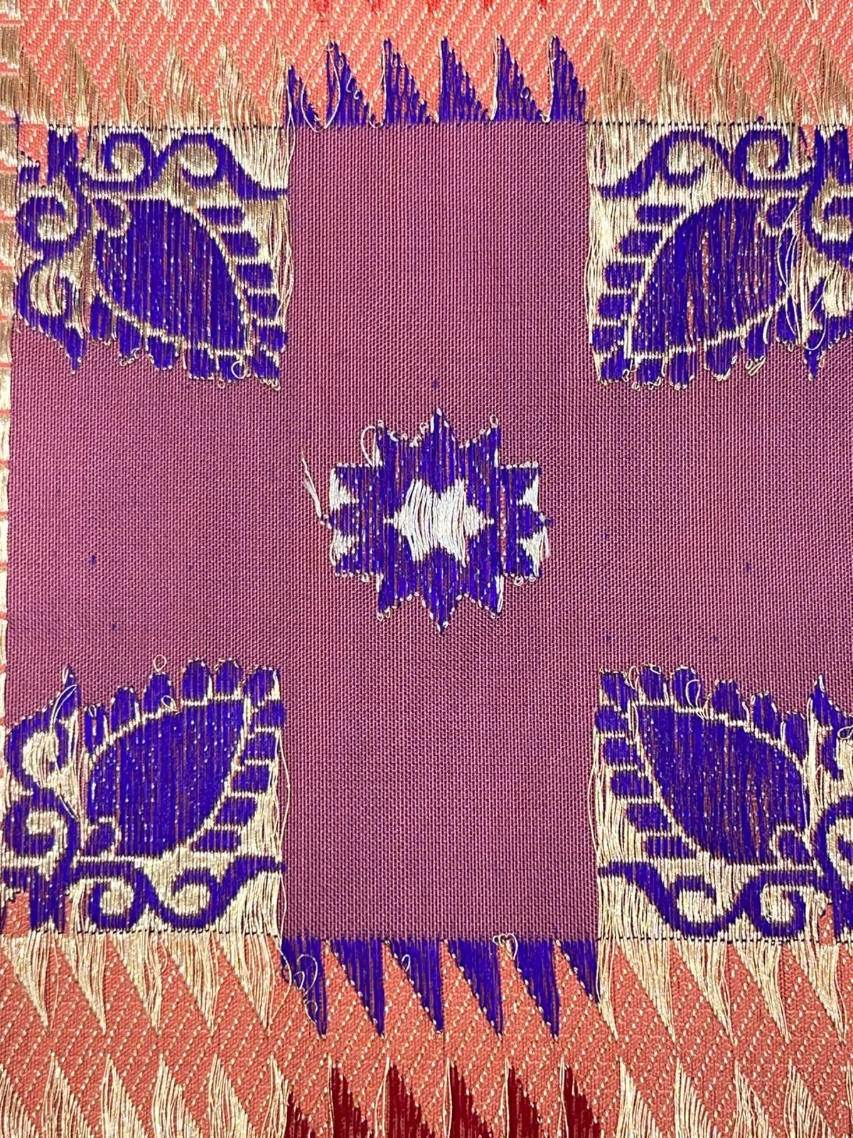 From Loom to Life: Faishana Pure Handloom Katan Silk Rang Kaat Checkered Kadhwa Stripe Golden Zari Border and Kadhwa Silver Mina Pallu with Peach Stripe Blouse