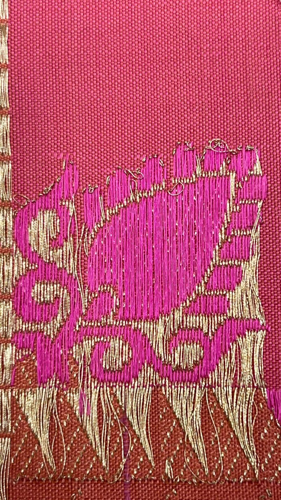 From Loom to Life: Faishana Pure Handloom Katan Silk Rang Kaat Checkered Kadhwa Stripe Golden Zari Border and Kadhwa Silver Mina Pallu with Peach Stripe Blouse