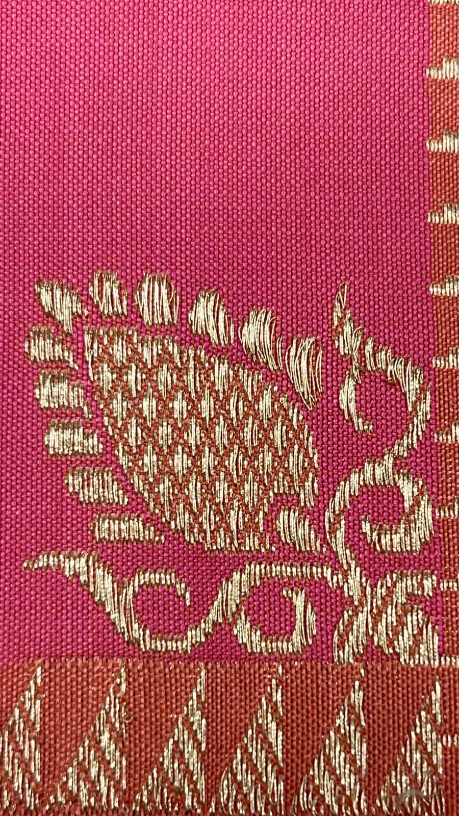 From Loom to Life: Faishana Pure Handloom Katan Silk Rang Kaat Checkered Kadhwa Stripe Golden Zari Border and Kadhwa Silver Mina Pallu with Peach Stripe Blouse