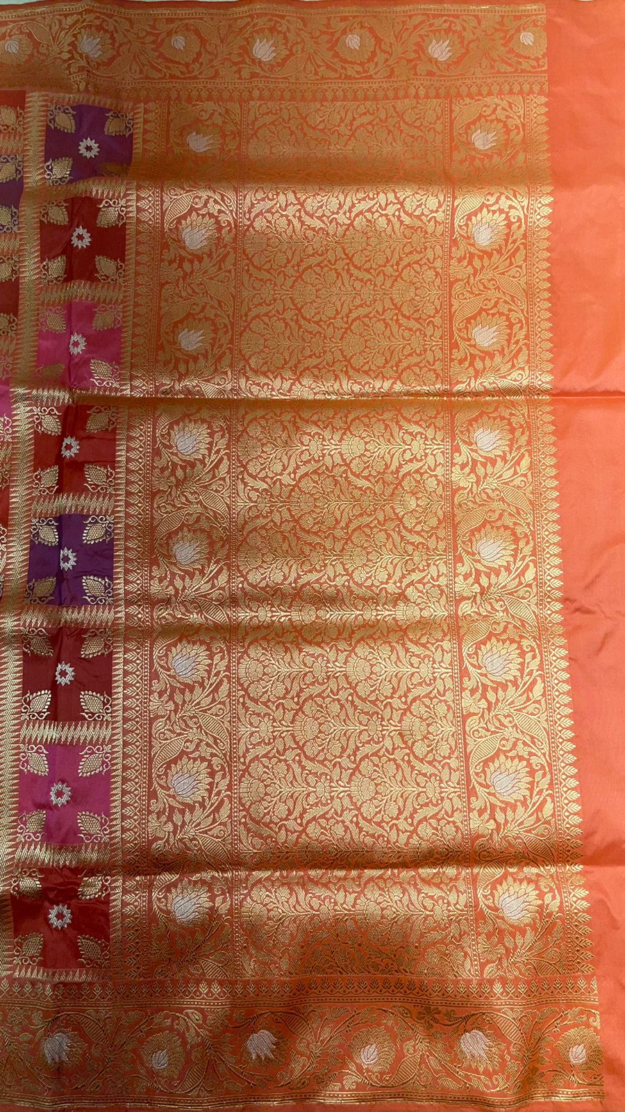 From Loom to Life: Faishana Pure Handloom Katan Silk Rang Kaat Checkered Kadhwa Stripe Golden Zari Border and Kadhwa Silver Mina Pallu with Peach Stripe Blouse