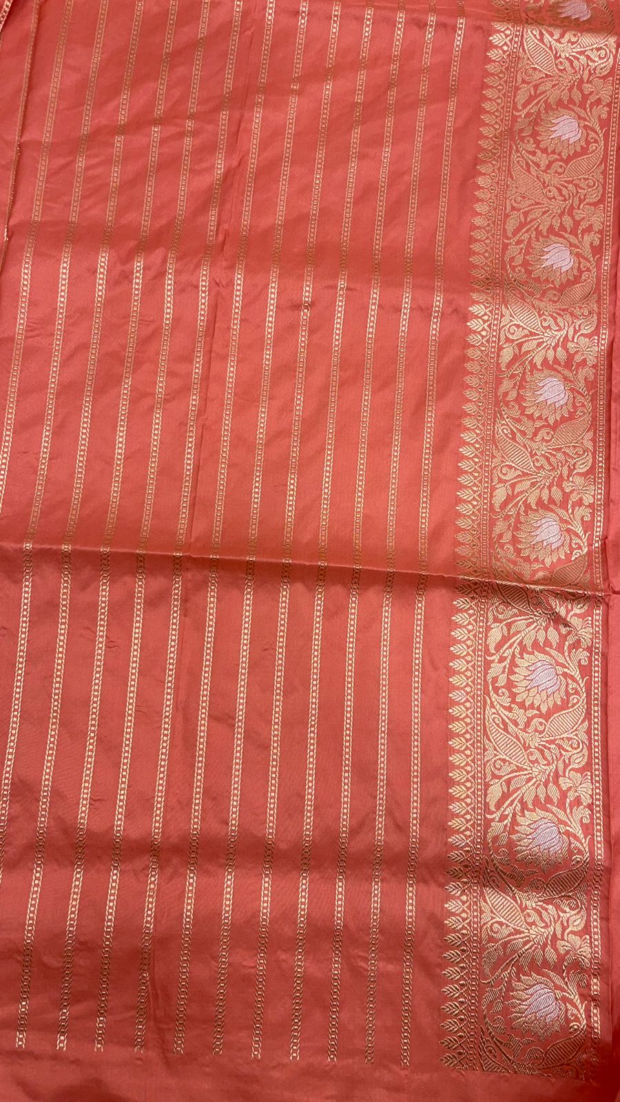 From Loom to Life: Faishana Pure Handloom Katan Silk Rang Kaat Checkered Kadhwa Stripe Golden Zari Border and Kadhwa Silver Mina Pallu with Peach Stripe Blouse