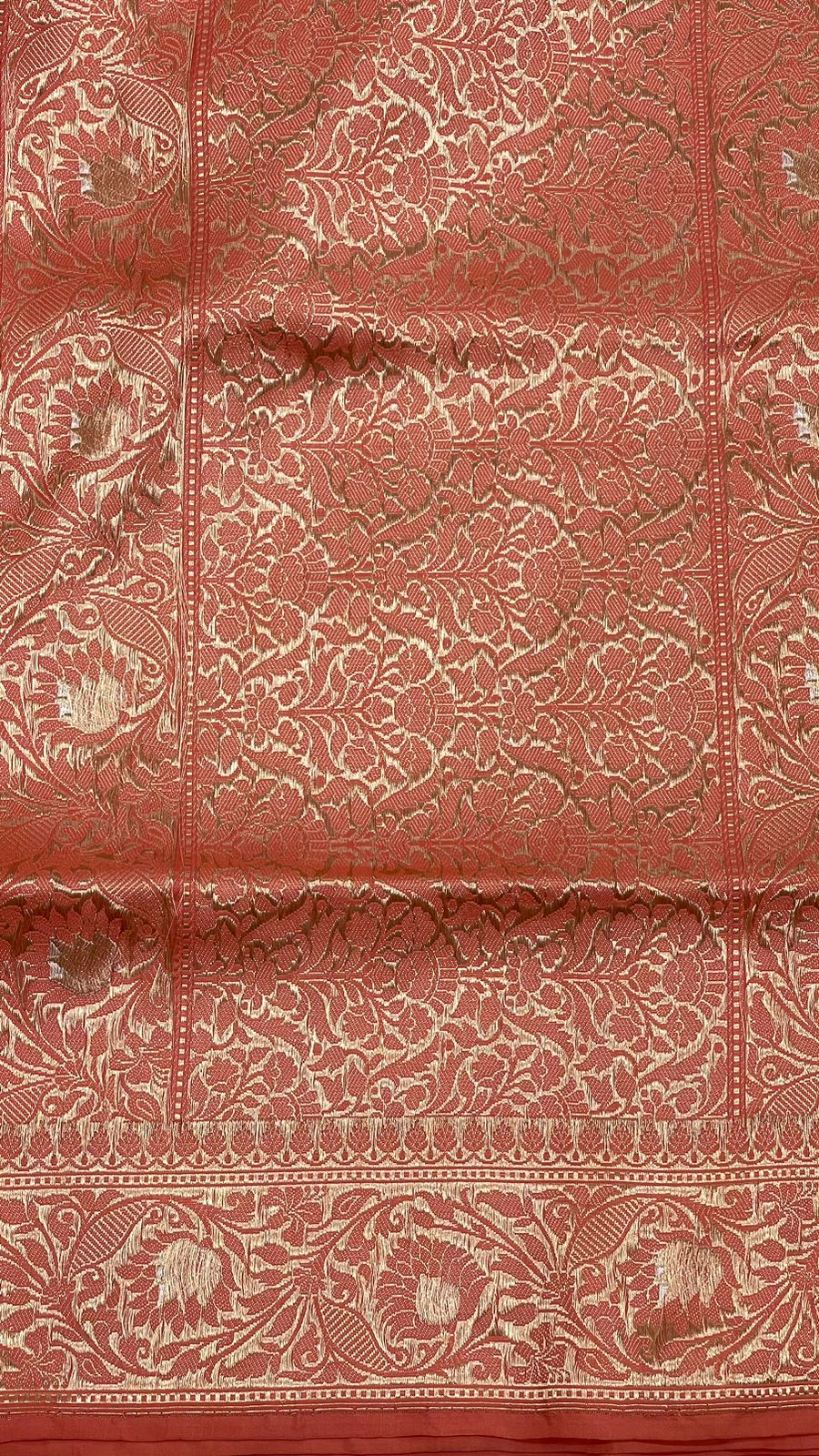 From Loom to Life: Faishana Pure Handloom Katan Silk Rang Kaat Checkered Kadhwa Stripe Golden Zari Border and Kadhwa Silver Mina Pallu with Peach Stripe Blouse