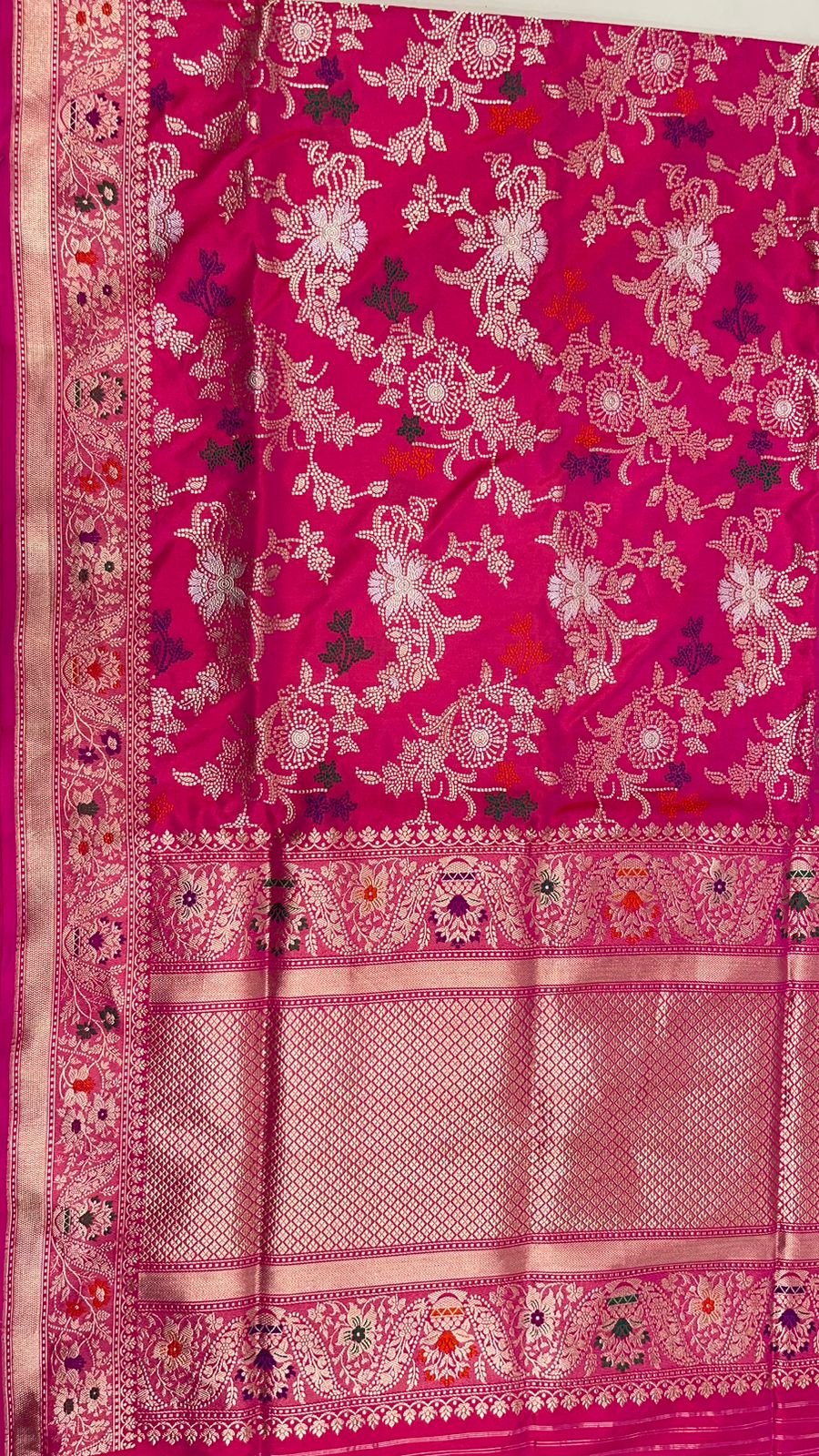 Faishana Pure Handloom Pink Katan Silk Tilfi Kadhwa Mina Jangla Jaal with Golden Stripe Pink Blouse