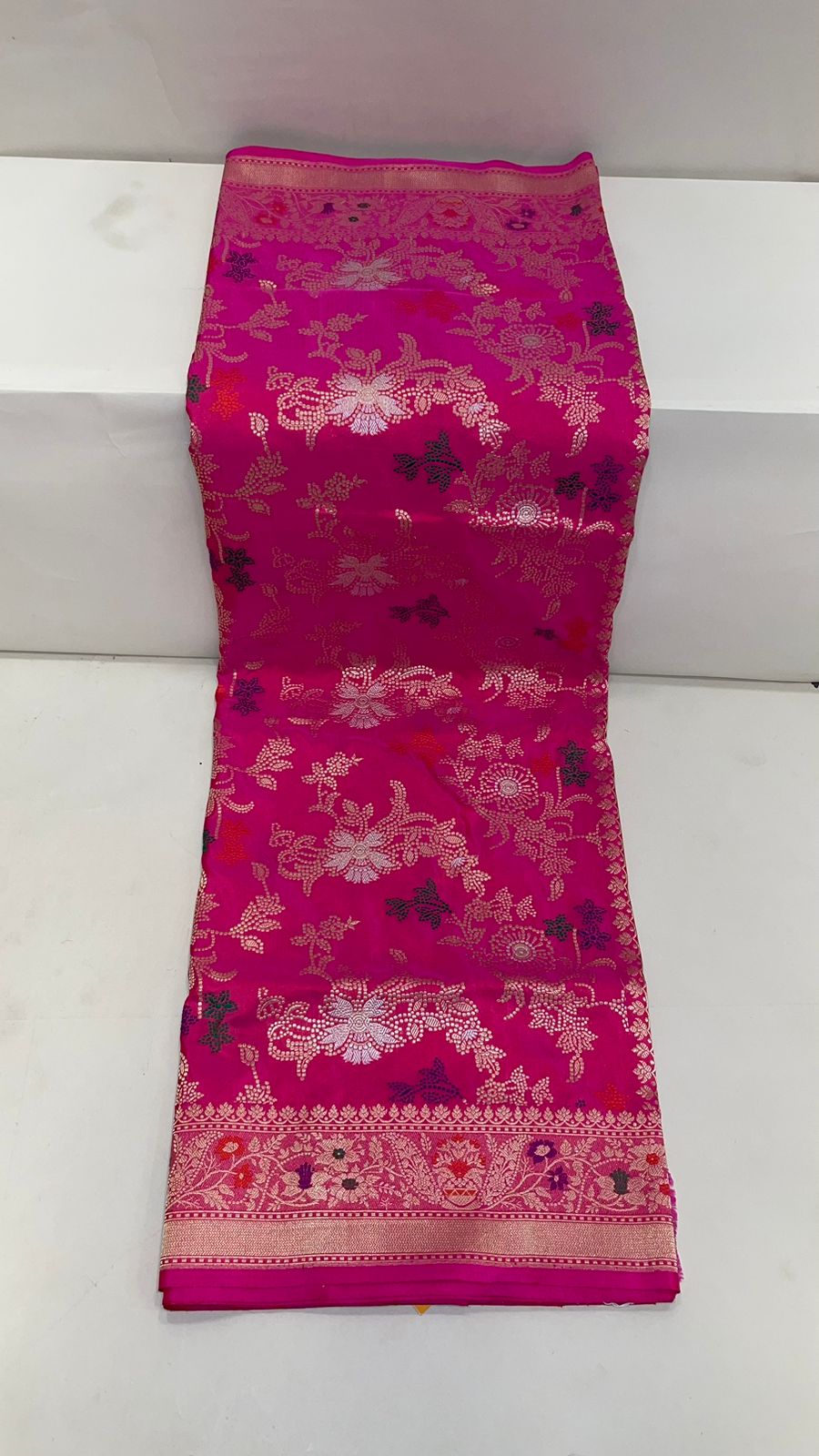 Faishana Pure Handloom Pink Katan Silk Tilfi Kadhwa Mina Jangla Jaal with Golden Stripe Pink Blouse