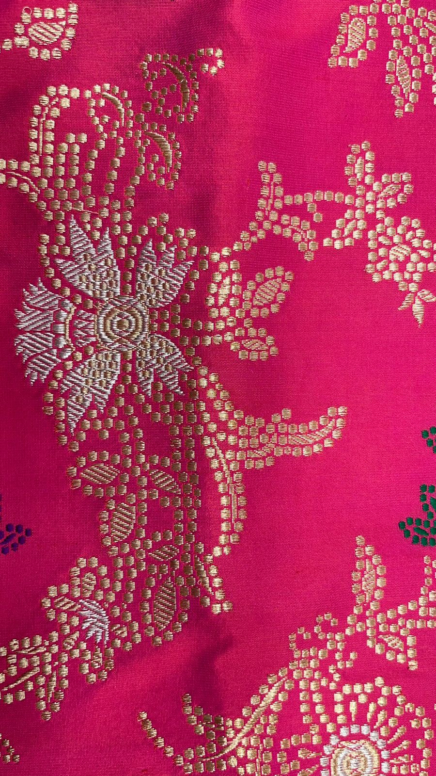 Faishana Pure Handloom Pink Katan Silk Tilfi Kadhwa Mina Jangla Jaal with Golden Stripe Pink Blouse