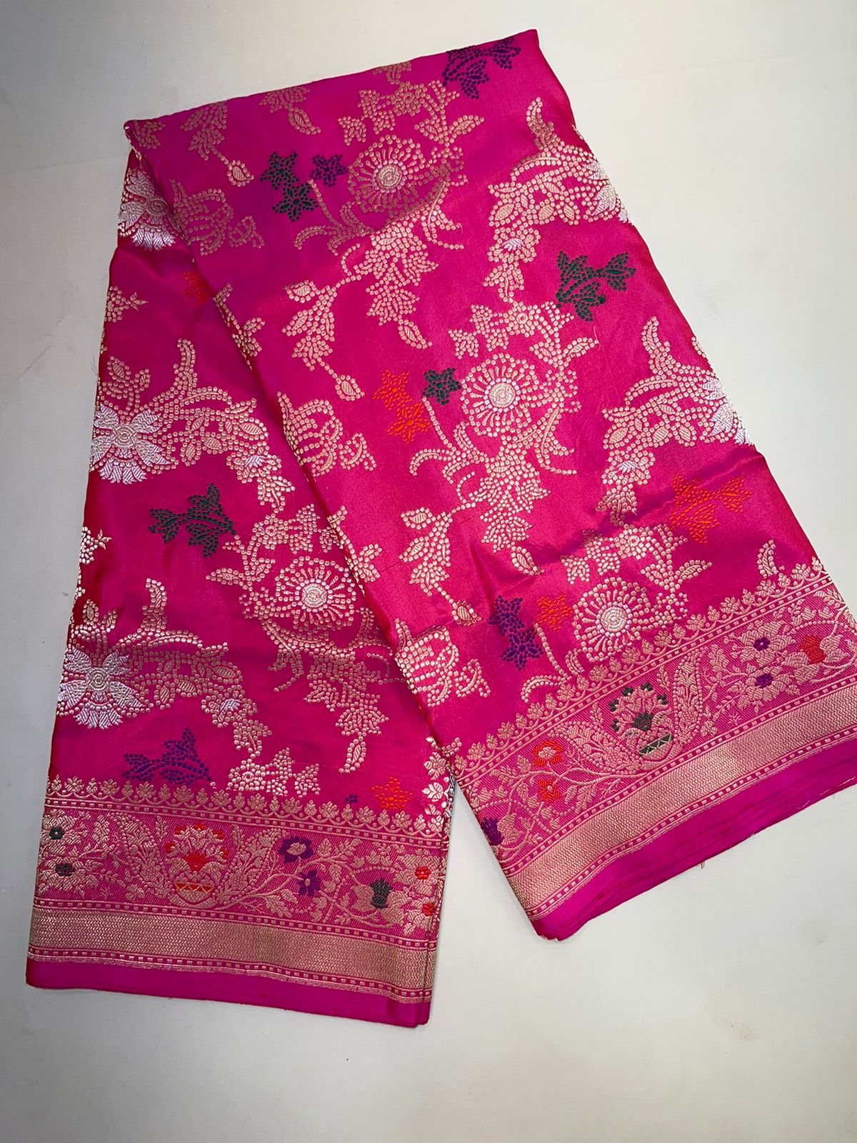 Faishana Pure Handloom Pink Katan Silk Tilfi Kadhwa Mina Jangla Jaal with Golden Stripe Pink Blouse