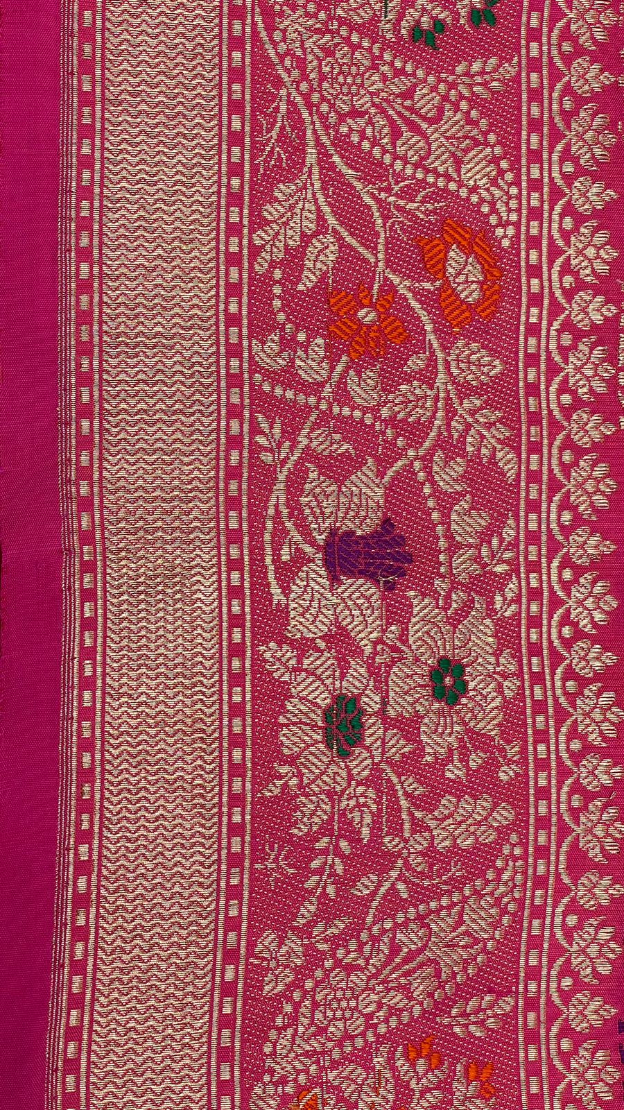 Faishana Pure Handloom Pink Katan Silk Tilfi Kadhwa Mina Jangla Jaal with Golden Stripe Pink Blouse