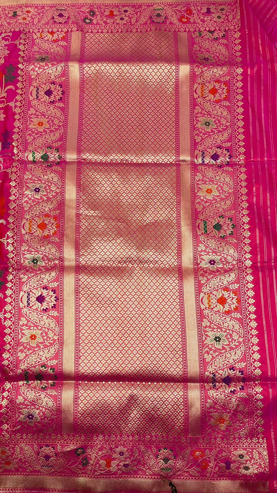 Faishana Pure Handloom Pink Katan Silk Tilfi Kadhwa Mina Jangla Jaal with Golden Stripe Pink Blouse