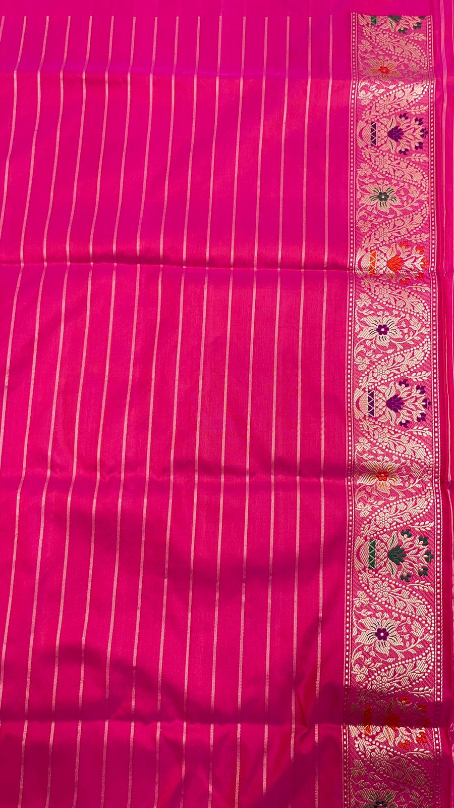 Faishana Pure Handloom Pink Katan Silk Tilfi Kadhwa Mina Jangla Jaal with Golden Stripe Pink Blouse