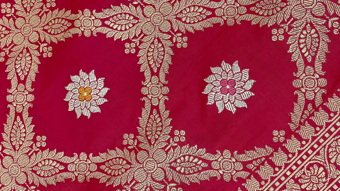 Faishana Pure Handloom Pink Katan Silk Kadhwa Jungla Bandhani Jaal Mina Zari Booti with Pink Golden Zari Booti Blouse