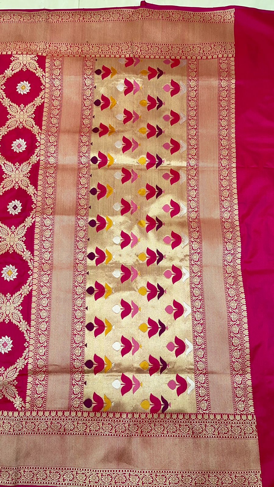Faishana Pure Handloom Pink Katan Silk Kadhwa Jungla Bandhani Jaal Mina Zari Booti with Pink Golden Zari Booti Blouse