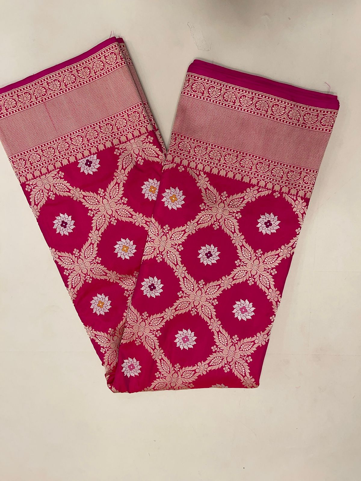 Faishana Pure Handloom Pink Katan Silk Kadhwa Jungla Bandhani Jaal Mina Zari Booti with Pink Golden Zari Booti Blouse