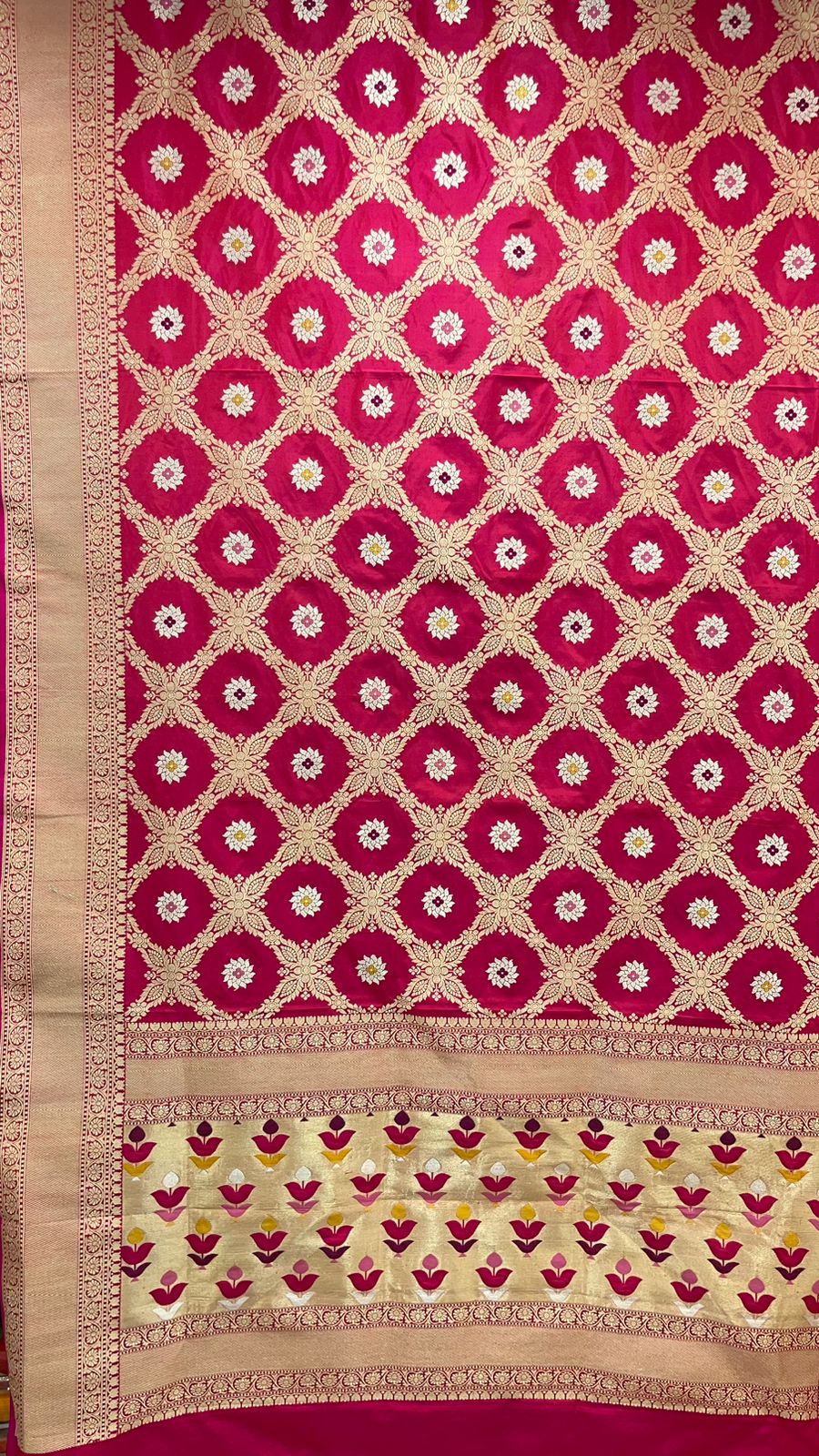 Faishana Pure Handloom Pink Katan Silk Kadhwa Jungla Bandhani Jaal Mina Zari Booti with Pink Golden Zari Booti Blouse