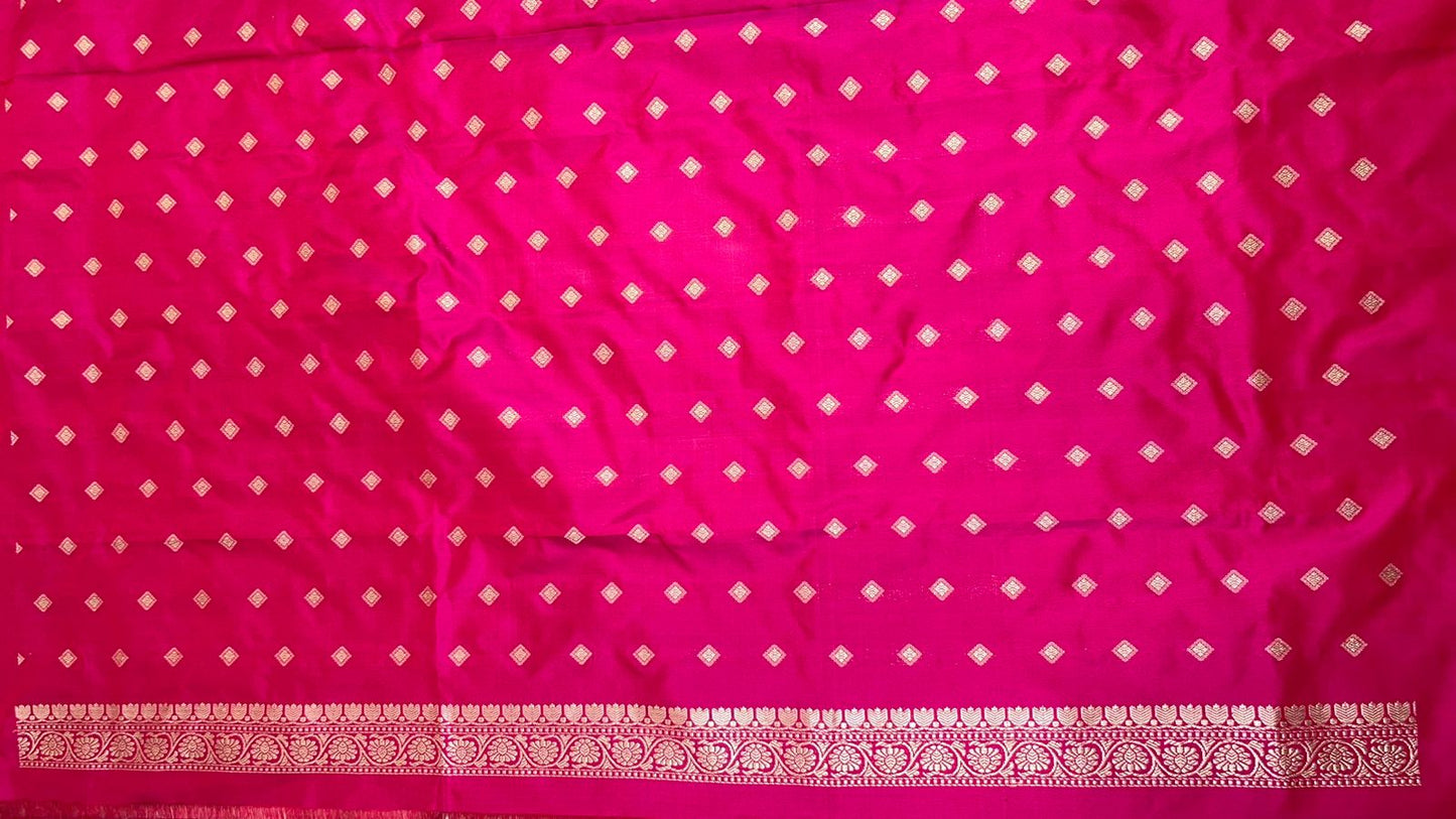 Faishana Pure Handloom Pink Katan Silk Kadhwa Jungla Bandhani Jaal Mina Zari Booti with Pink Golden Zari Booti Blouse