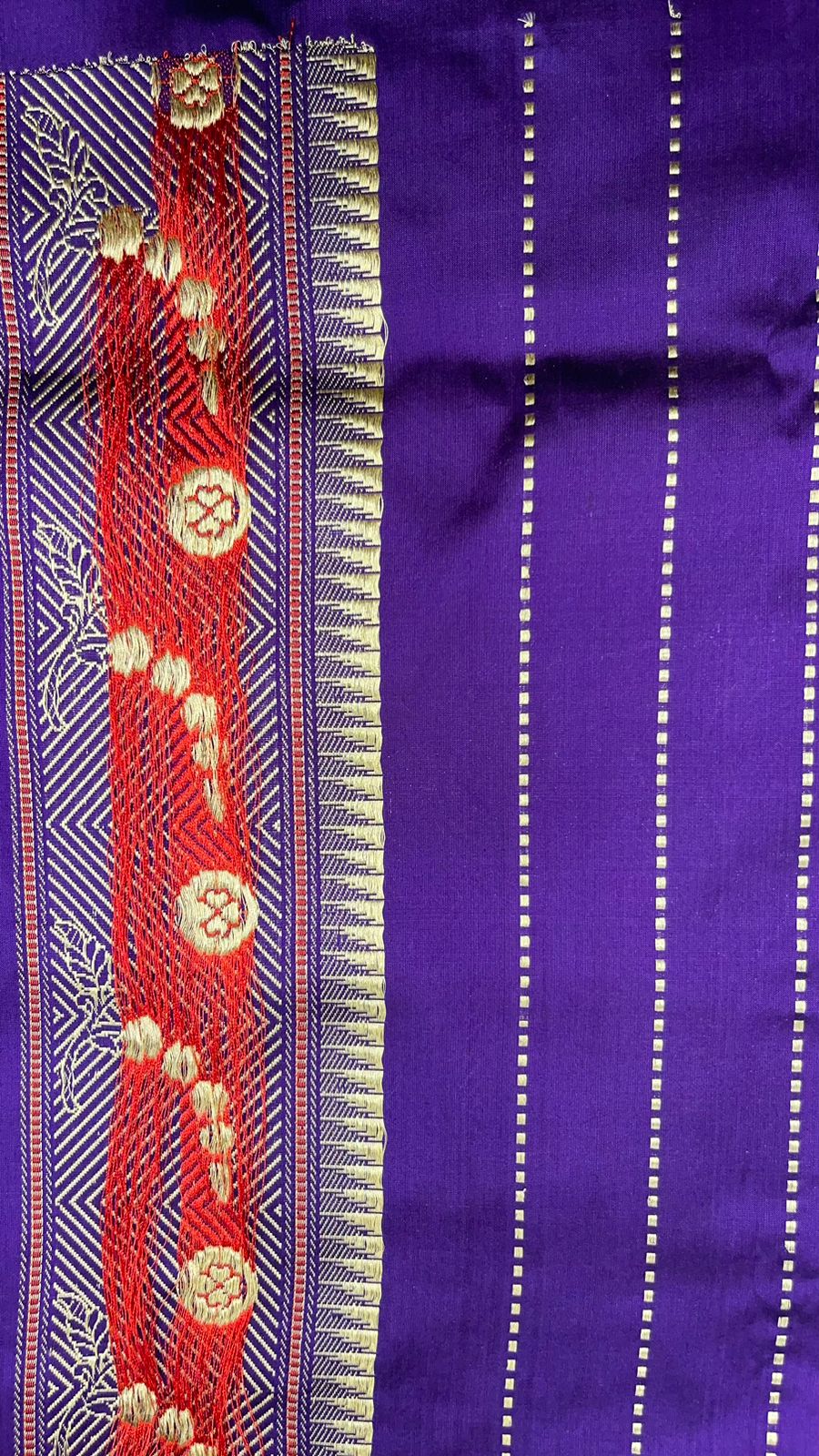Faishana Pure Silk Handloom Katan Silk Purple Bel Booti Tilfi Mina Golden Kadhwa Zari Mina Border Saree & Purple Stripe Blouse