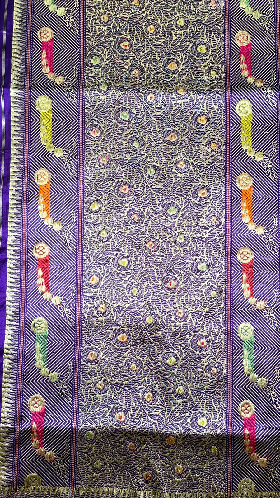 Faishana Pure Silk Handloom Katan Silk Purple Bel Booti Tilfi Mina Golden Kadhwa Zari Mina Border Saree & Purple Stripe Blouse
