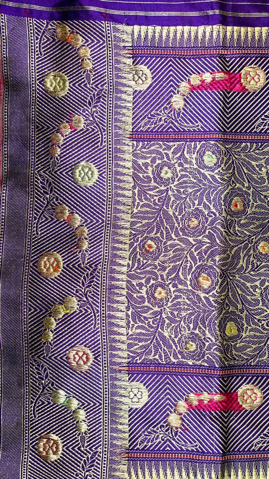 Faishana Pure Silk Handloom Katan Silk Purple Bel Booti Tilfi Mina Golden Kadhwa Zari Mina Border Saree & Purple Stripe Blouse