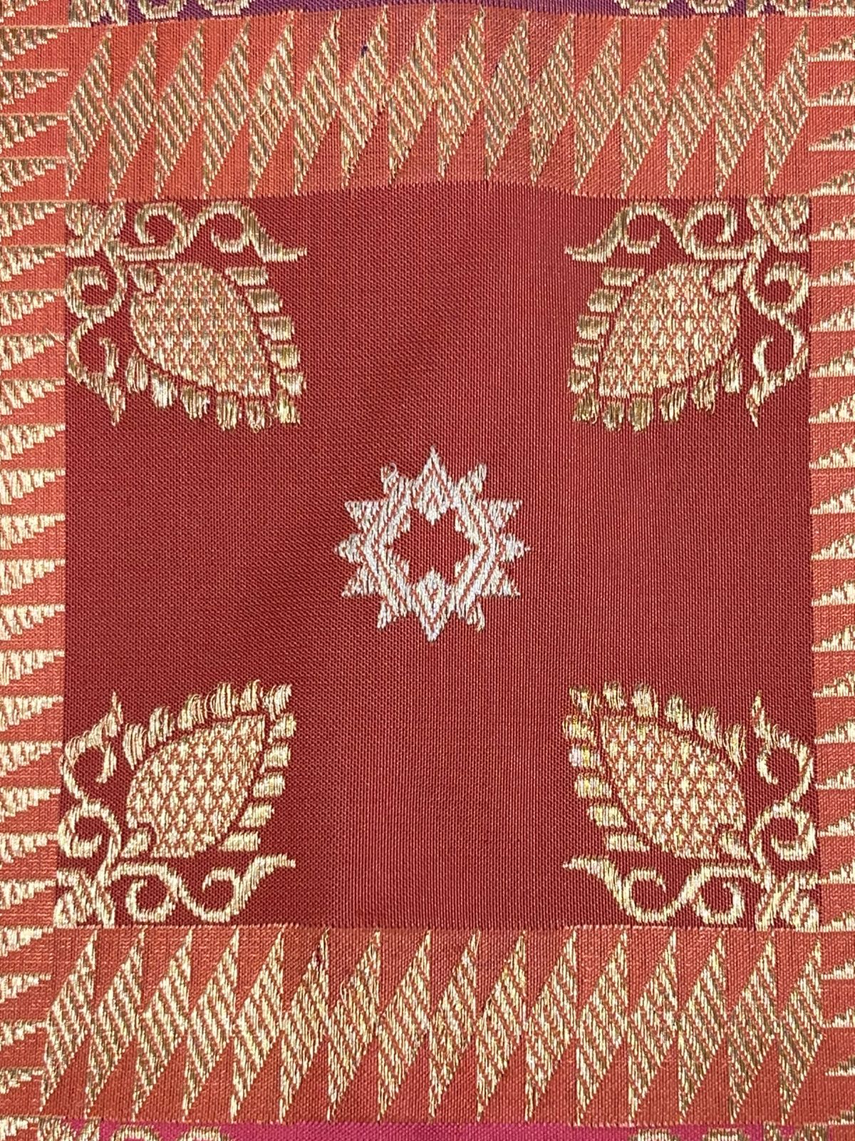 From Loom to Life: Faishana Pure Handloom Katan Silk Rang Kaat Checkered Kadhwa Stripe Golden Zari Border and Kadhwa Silver Mina Pallu with Peach Stripe Blouse