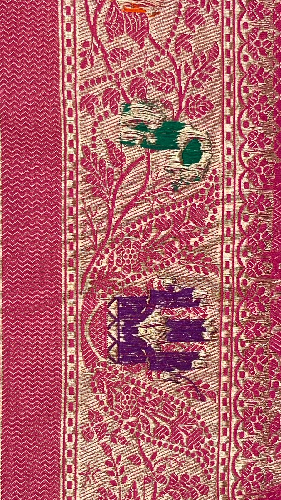 Faishana Pure Handloom Pink Katan Silk Tilfi Kadhwa Mina Jangla Jaal with Golden Stripe Pink Blouse