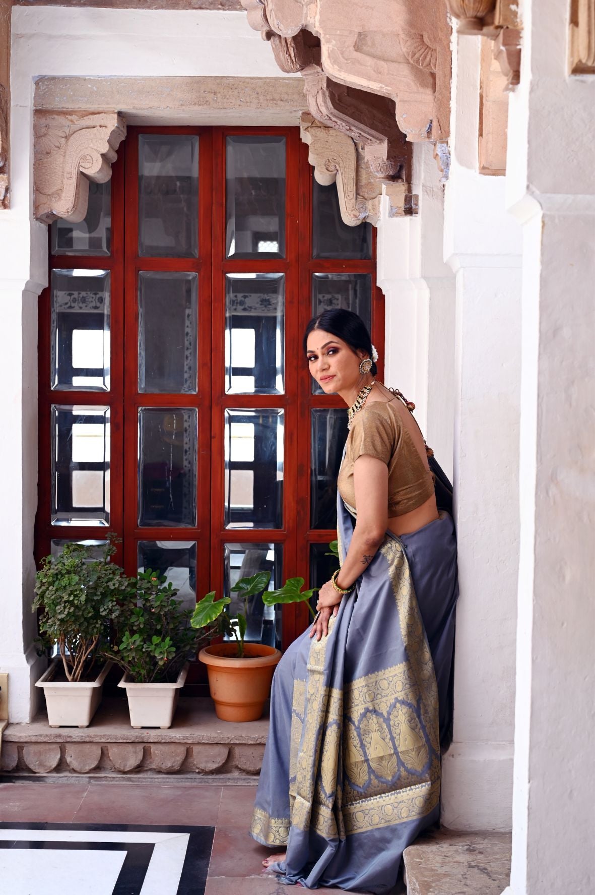 Grey Katan Silk Banarasi Sarees For Women GEASF205