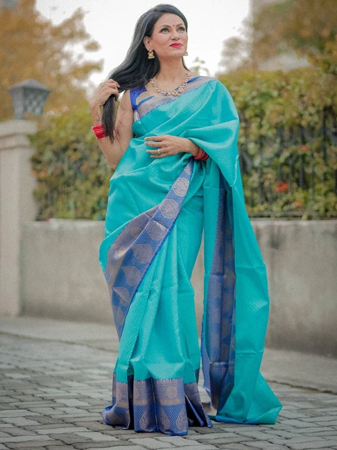 Turquoise Blue Tanchoi Banarasi Sarees For Women GEBC11