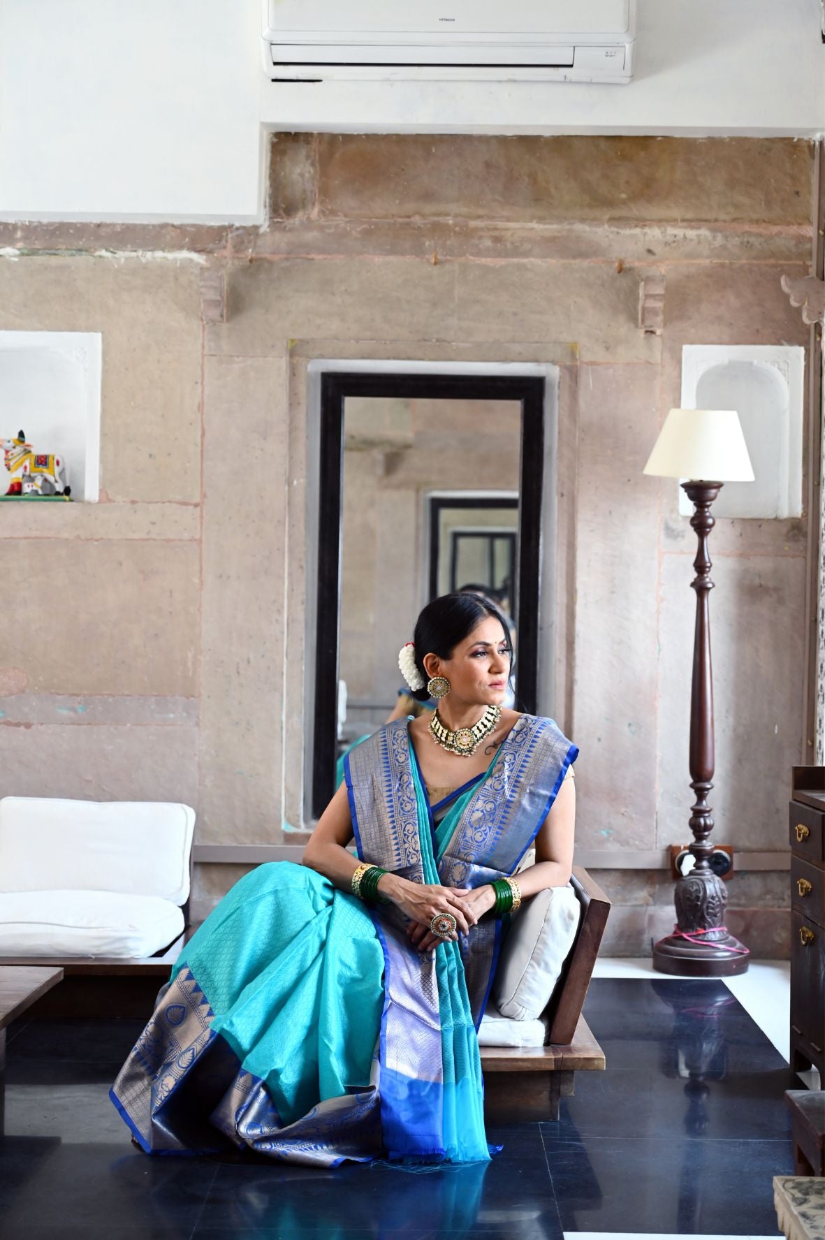 Faishana Presents Turquoise Blue Resham Brocade Contrast Blue Zari Pattu Border Banarasi Saree