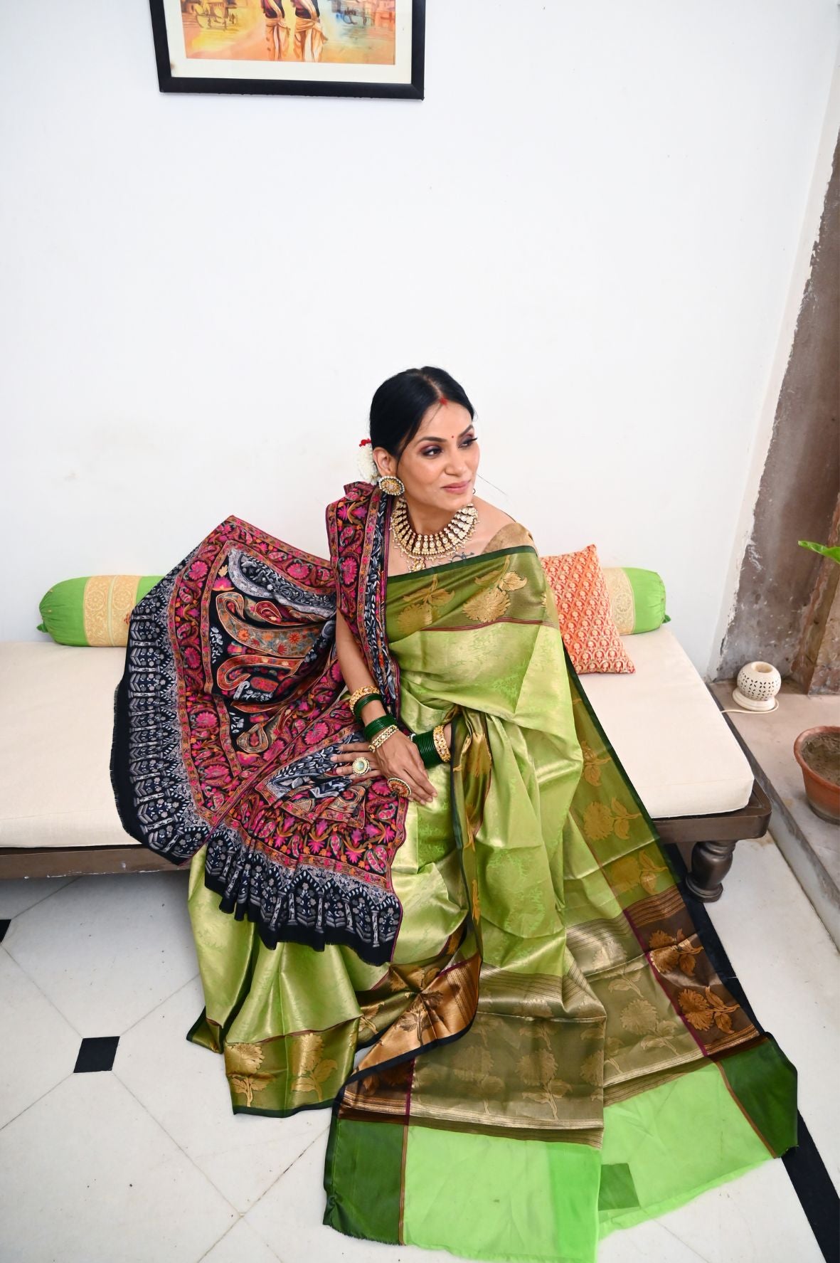 Lime Green Kanchi Silk Banarasi Sarees For Women GEBE11