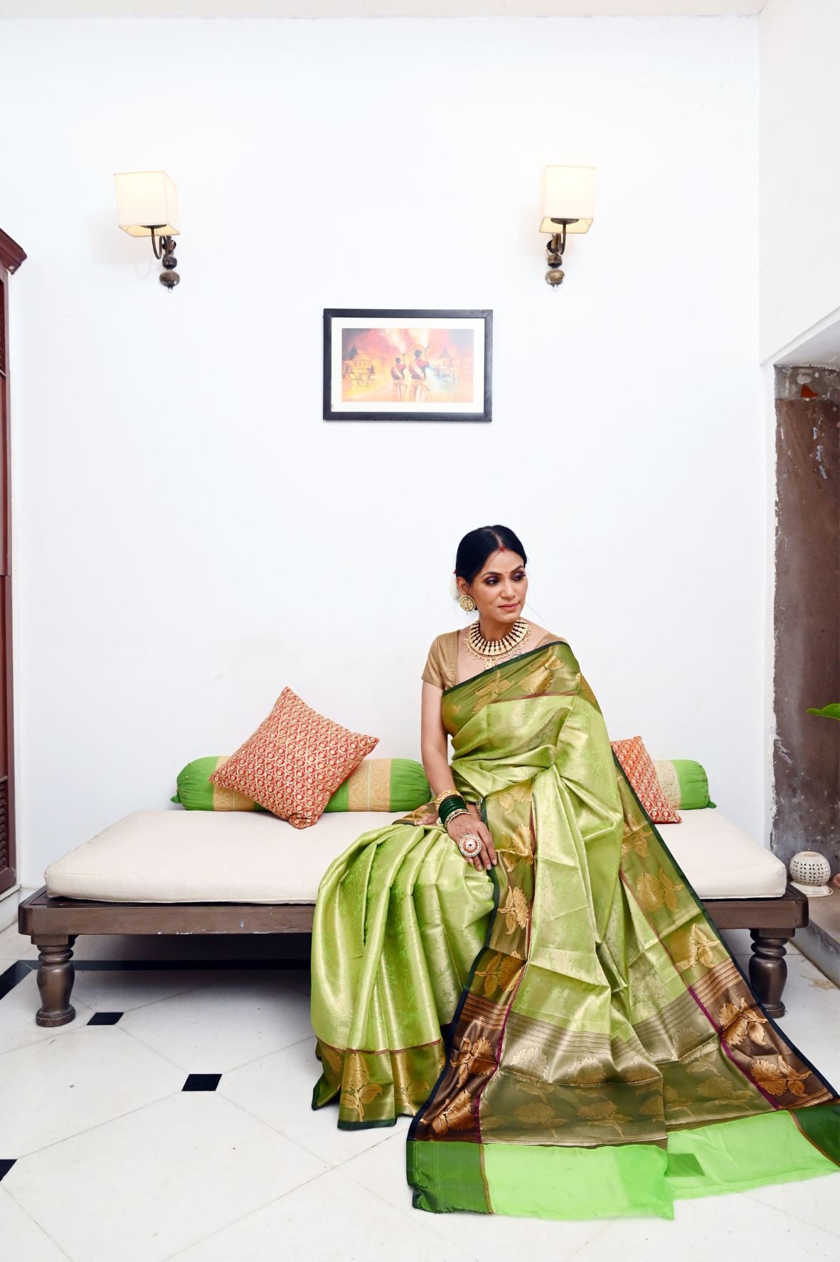 Lime Green Kanchi Silk Banarasi Sarees For Women GEBE11