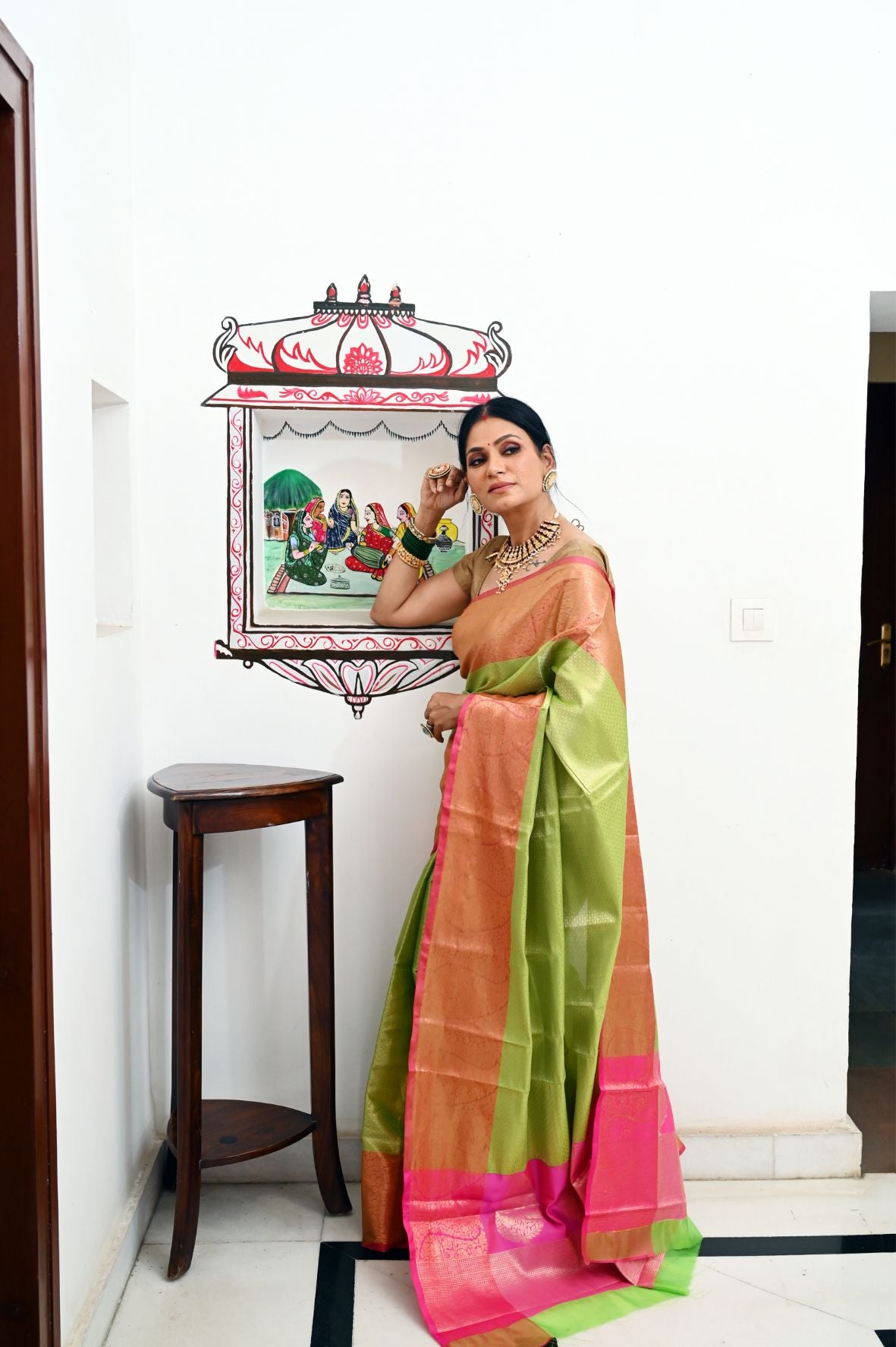 Lime Green Kanchi Silk Banarasi Sarees For Women GEBE13