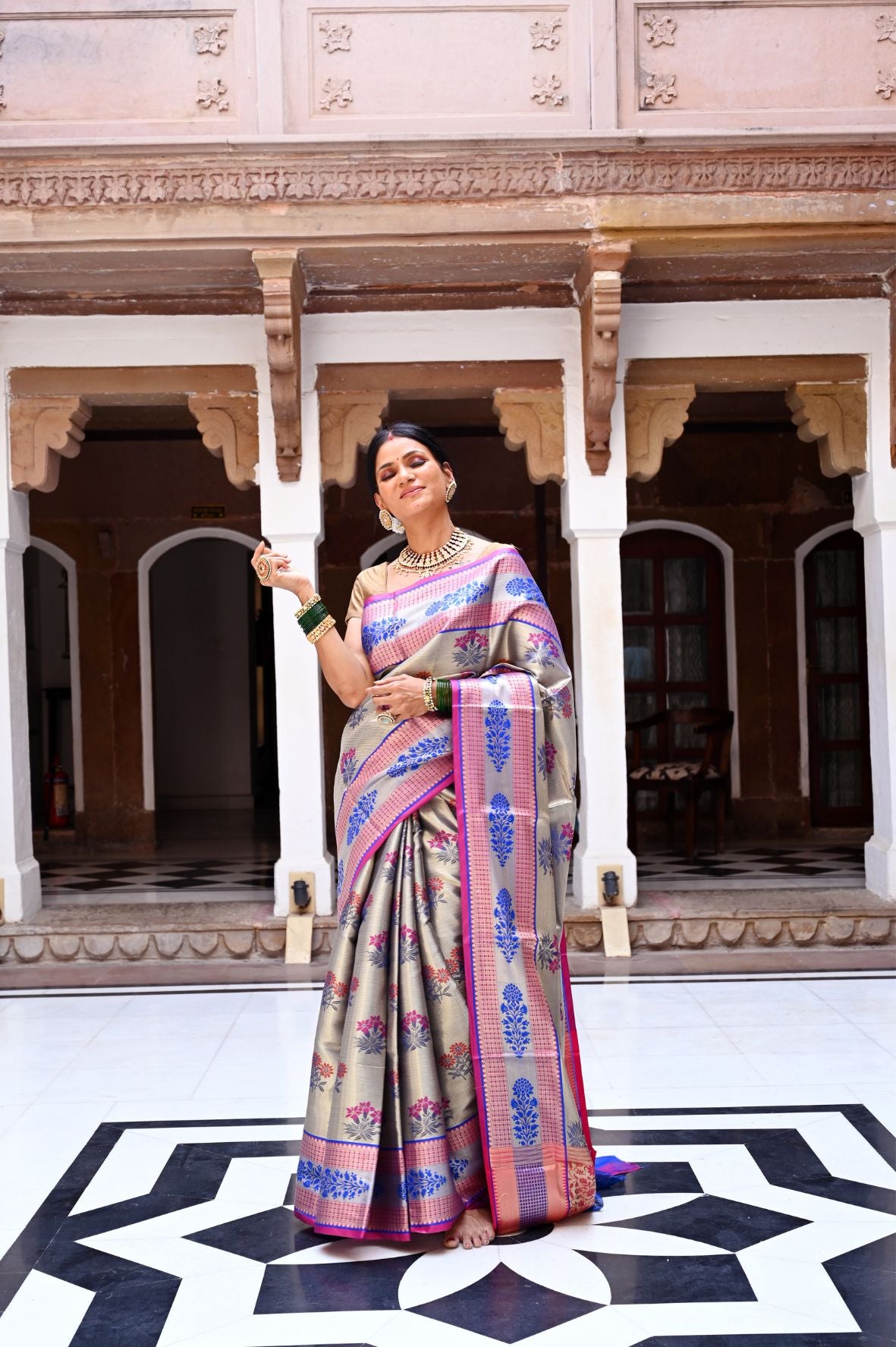 Grey Kanchi Silk Banarasi Sarees For Women GEBE1