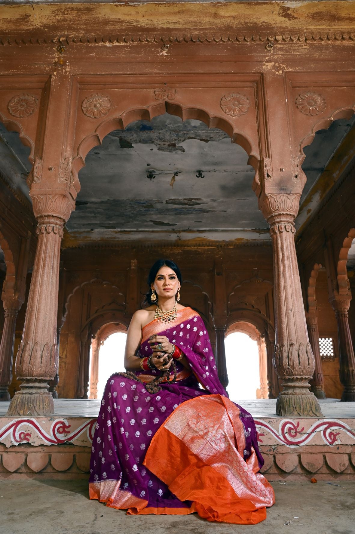 Semi Georgette Silver Zari Booti Dark Purple Banarasi Saree