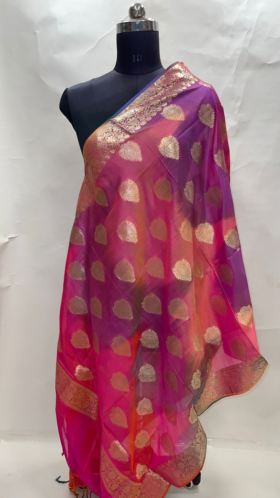 Faishana Presents Pink Banarasi Katan Georgette Golden Zari Booti Dupatta