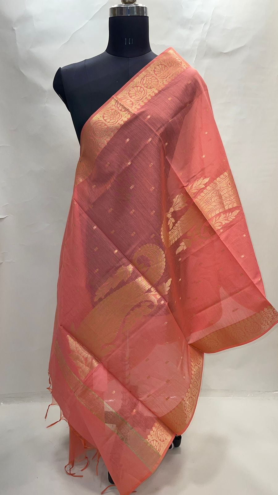 Faishana Presents Peach Cotton Big Carry Golden Zari Chunri Booti Dupatta