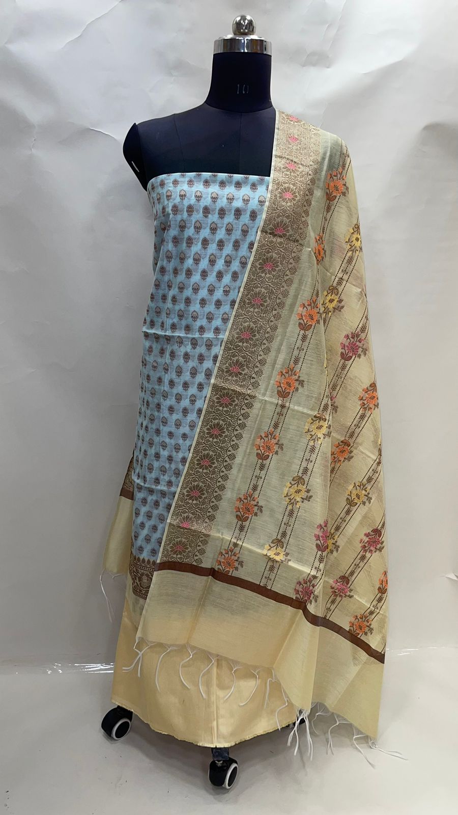Faishana Presents Sky Blue Cotton Resham Copper Zari 3pcs Suit Set accompanied with Plain Bottom and Top Copper Zari Booti with Yellow Floral Stripe Dupatta