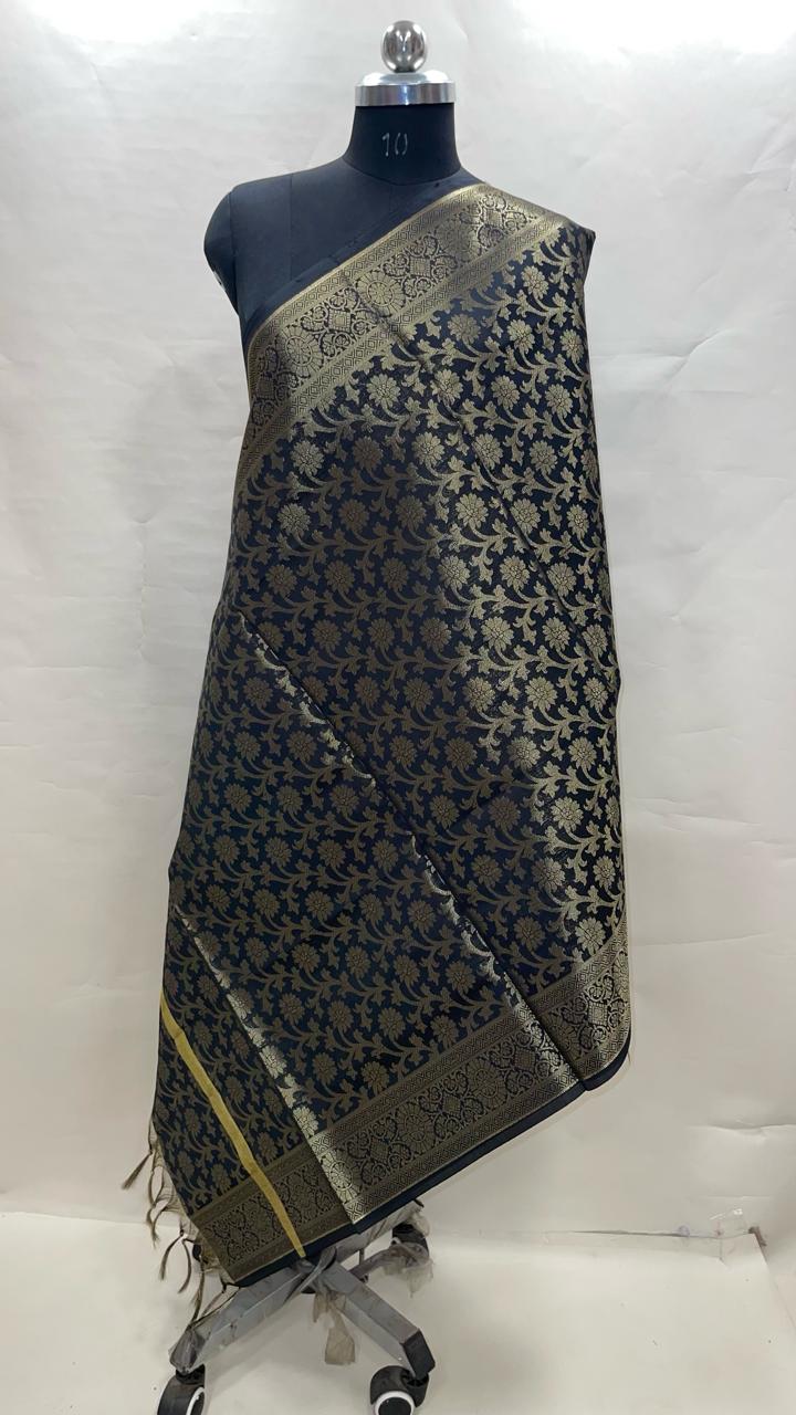 Faishana Presents Black Banarasi Dupion Kora Golden Zari Booti Jaal Dupatta