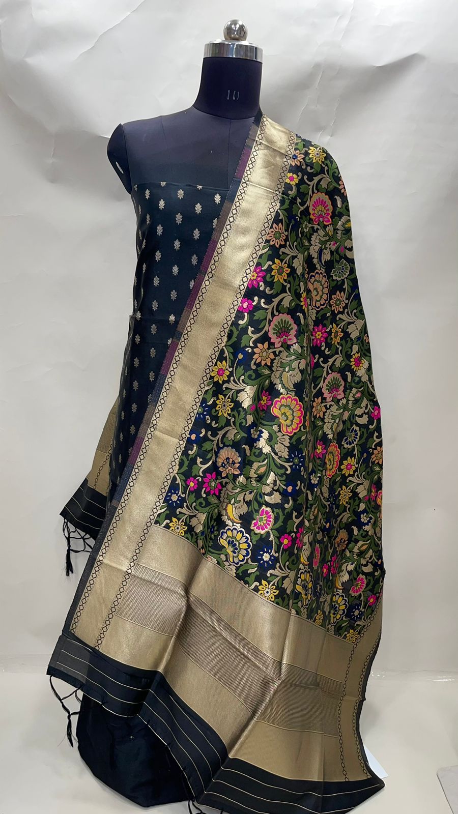 Faishana Presents Black Katan Georgette 3pcs Suit Set accompanied with Plain Bottom Top Small Booti with Black Floral Meena Jaal Dupatta